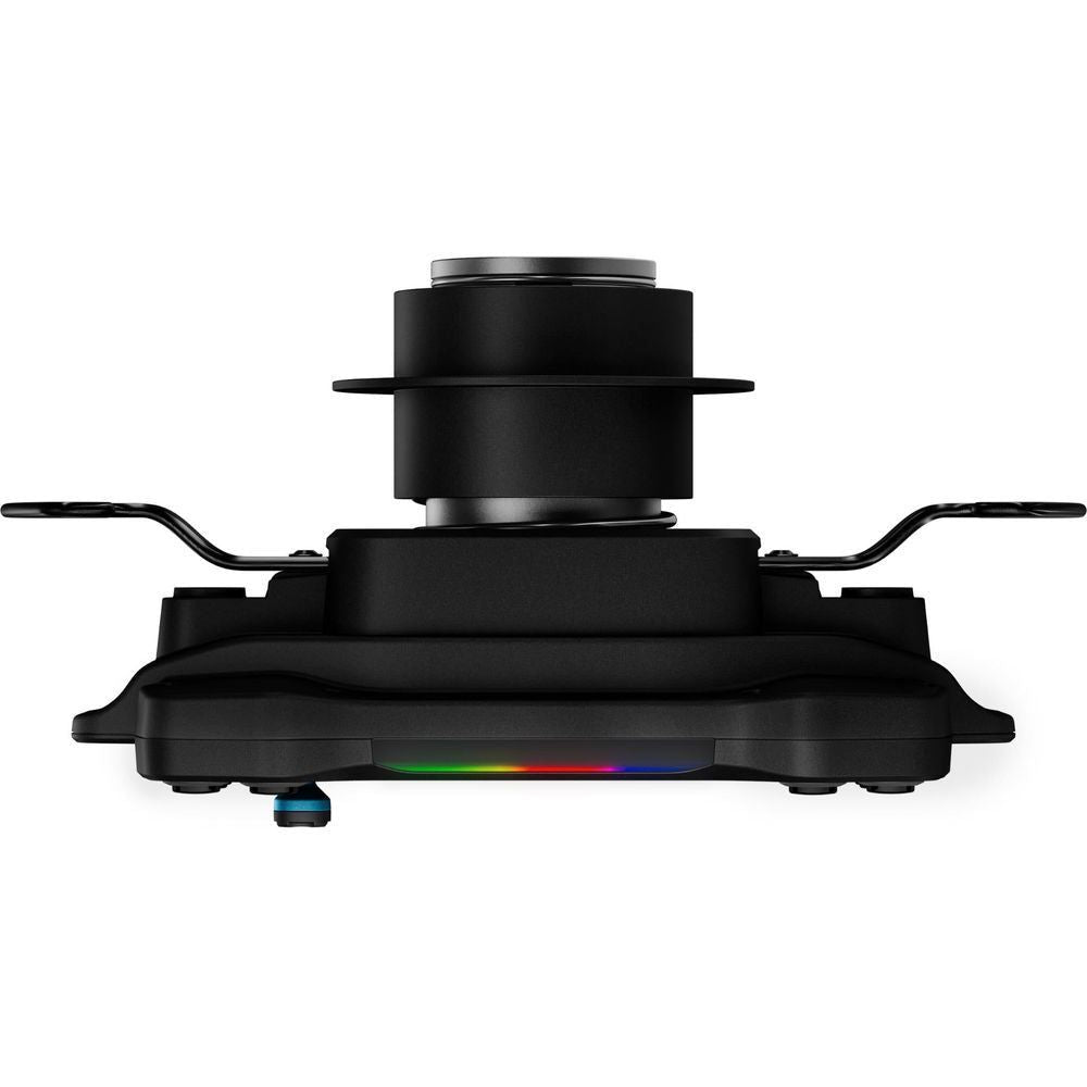 Gaming wheel hub side view with central mount and RGB light strip, black