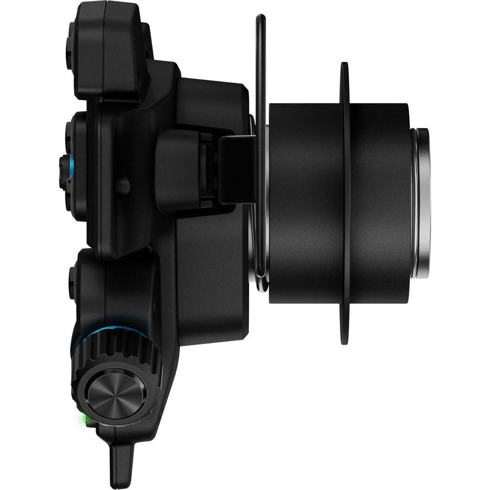 Gaming wheel hub side profile with large central connector, black with blue accents
