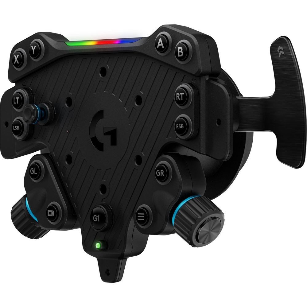 Gaming wheel hub controller with button labels, RGB strip, and side paddles, black