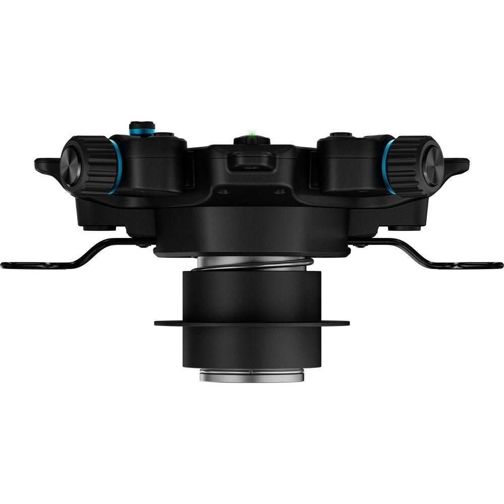 Gaming wheel hub top view with side controls and central clamp mount, black