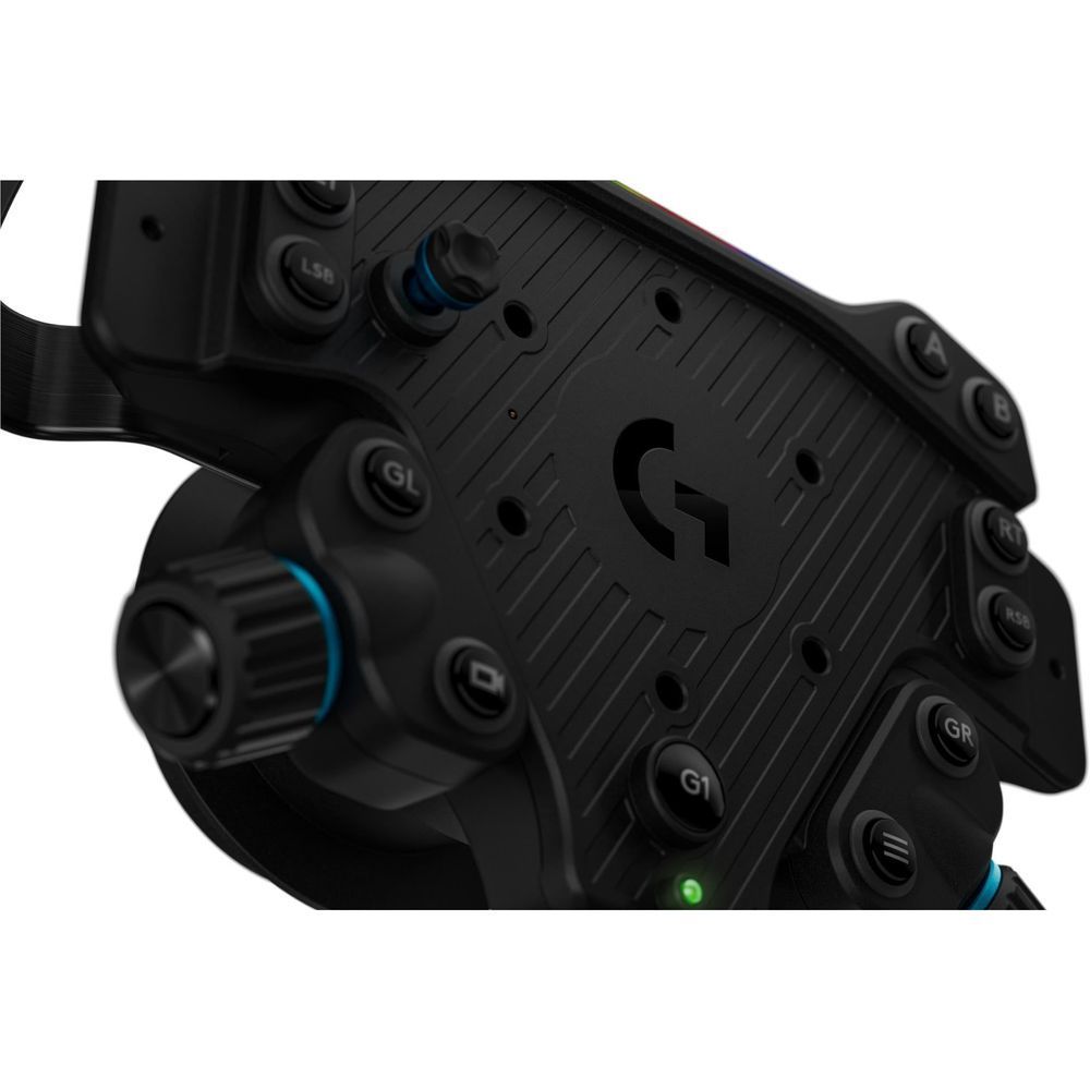 Close-up of black wheel hub button area with Logitech G emblem and RGB strip