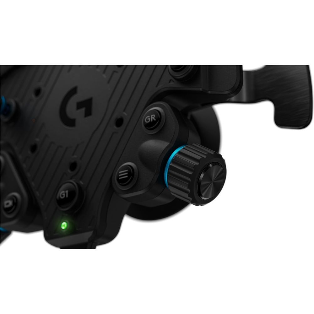 Close-up of wheel hub side knob and GR button, black with blue ring accents