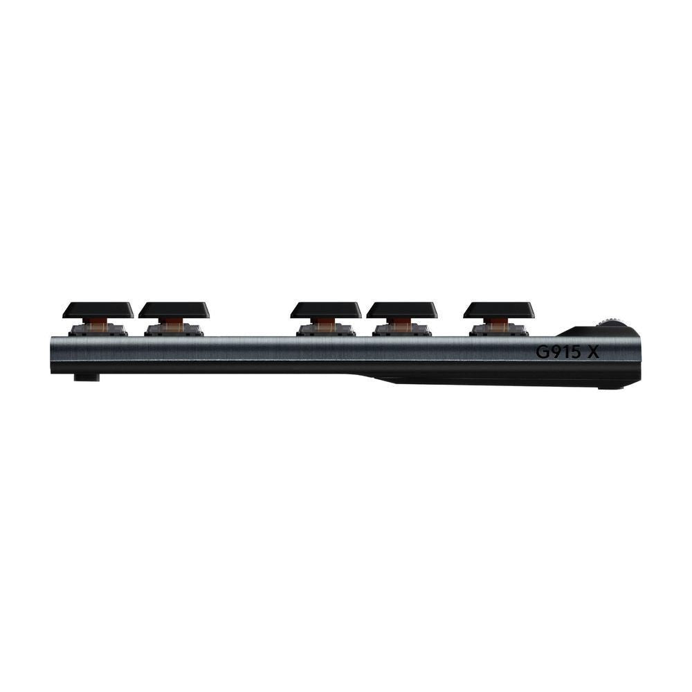 Black low-profile wireless gaming keyboard, slim side profile with G915 X branding