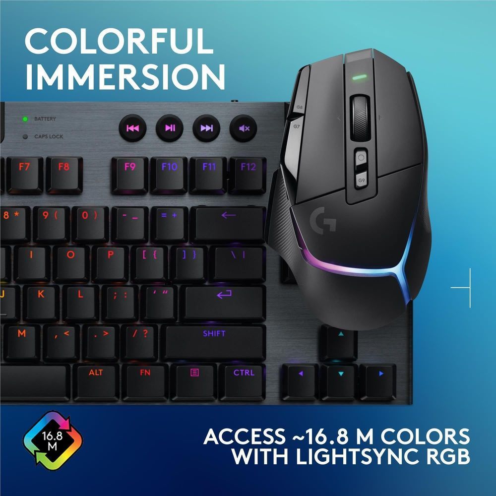 Black low-profile wireless gaming keyboard with colorful RGB key illumination