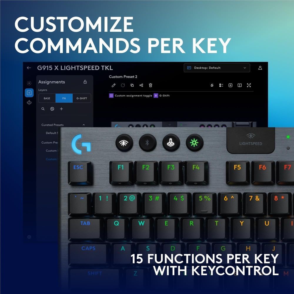 Black low-profile wireless gaming keyboard with glowing RGB keys and function key area