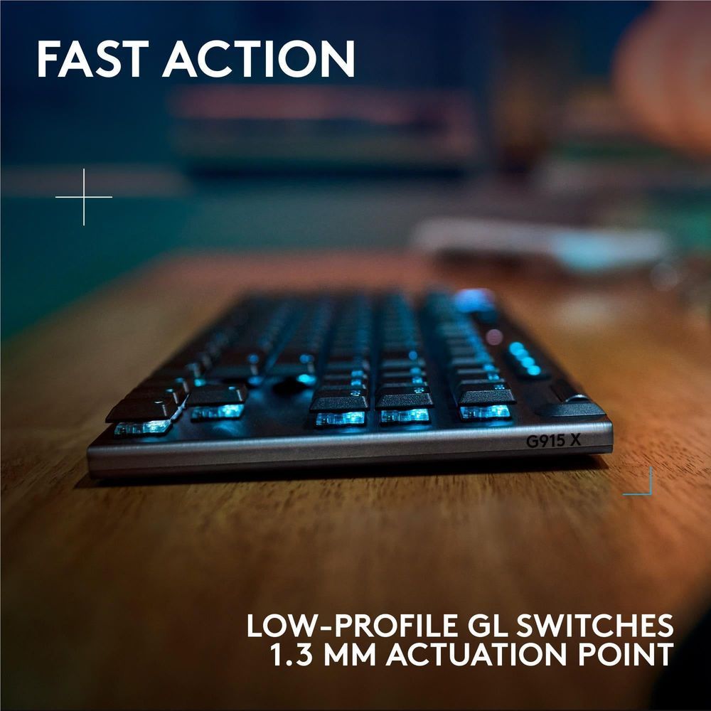 Black low-profile wireless gaming keyboard angled view with bright RGB backlighting