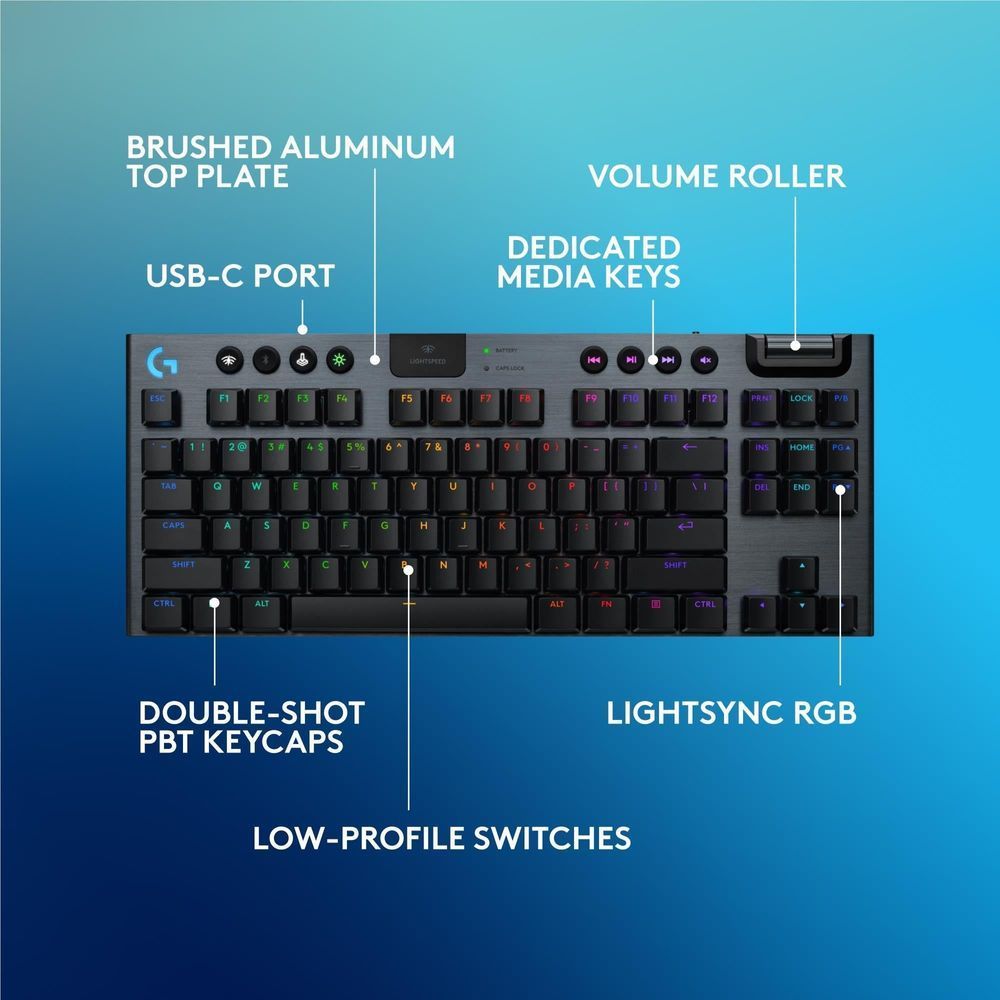 Black low-profile wireless gaming keyboard diagram view with RGB backlit keycaps