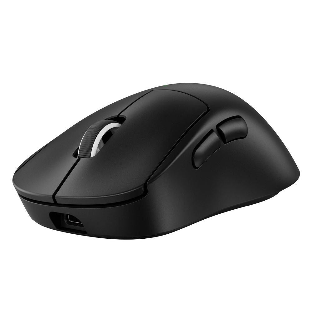 Black wireless gaming mouse top angle with contoured shell and side thumb button