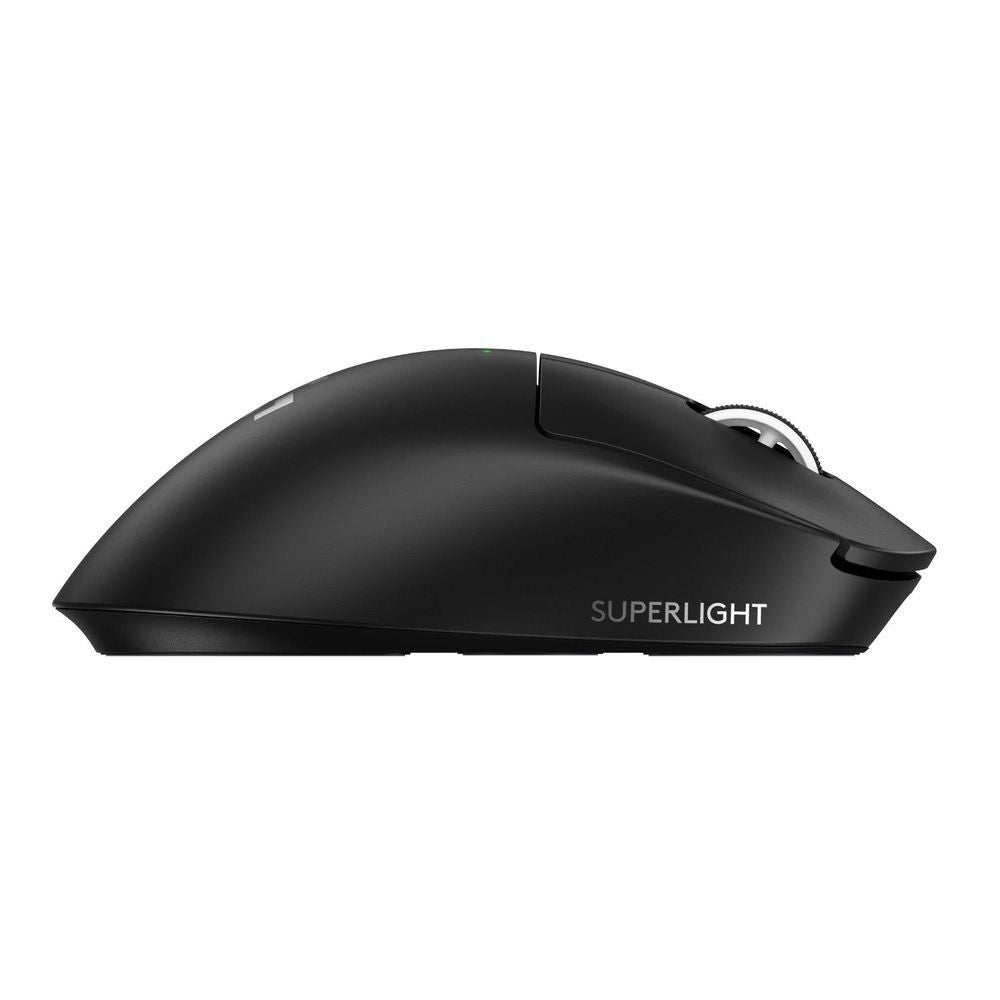 Black wireless gaming mouse side view with SUPERLIGHT text and side button