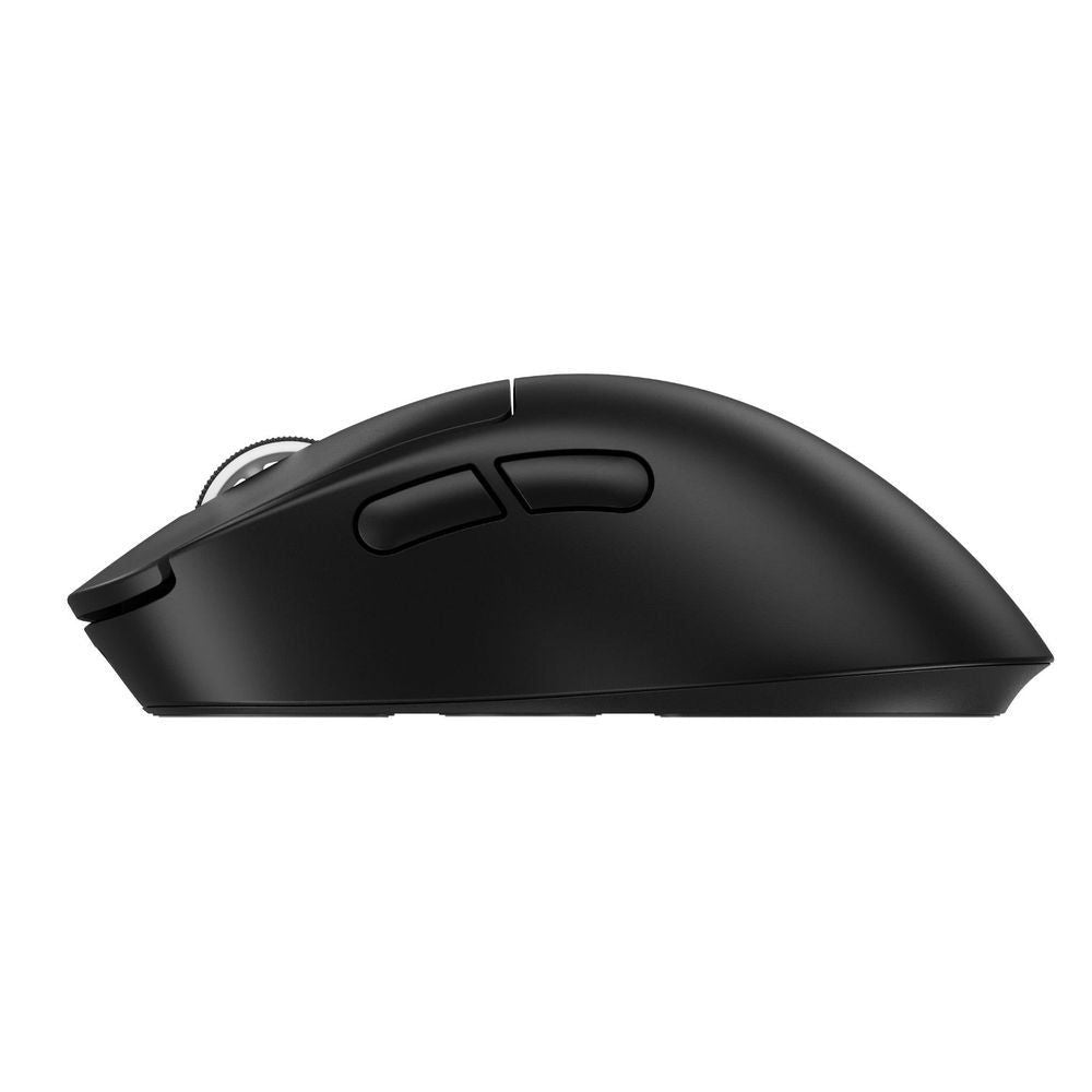 Black wireless gaming mouse side view with two control buttons on the top rail