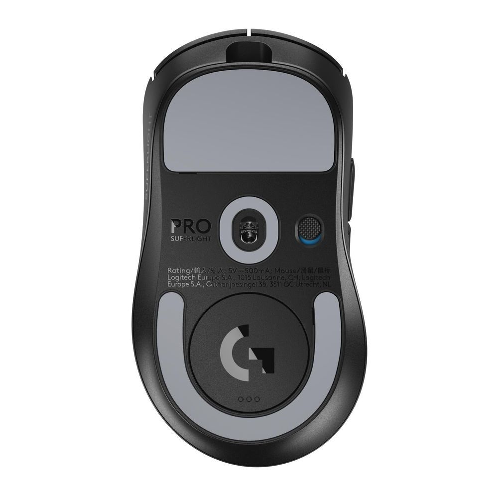 Black gaming mouse rear view with Logitech G logo and blue sensor indicator