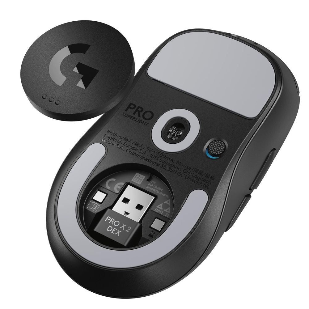 Black gaming mouse bottom view with skates, power switch, and label window