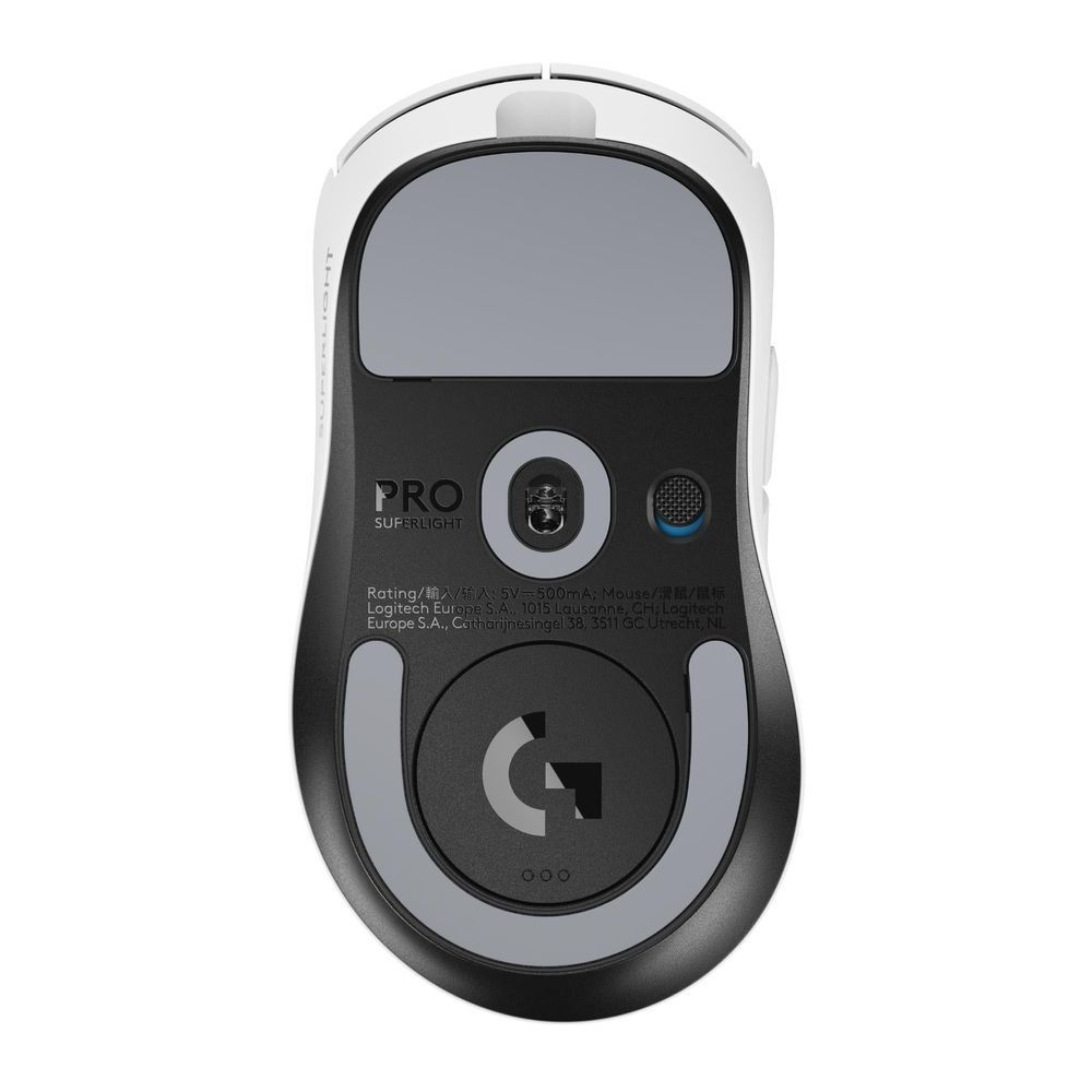 Logitech G PRO X SUPERLIGHT 2 DEX wireless gaming mouse underside, white and black