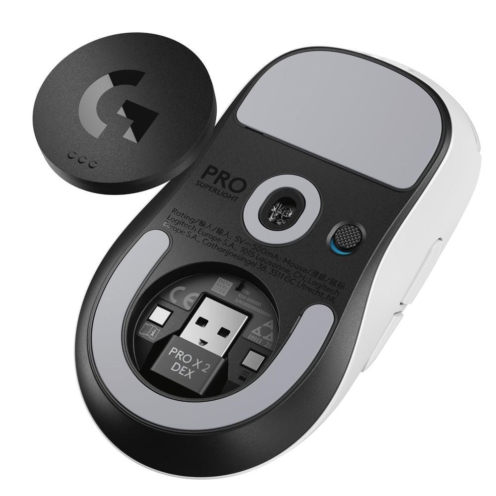 Logitech G PRO X SUPERLIGHT 2 DEX wireless gaming mouse underside with PRO X2 DEX label