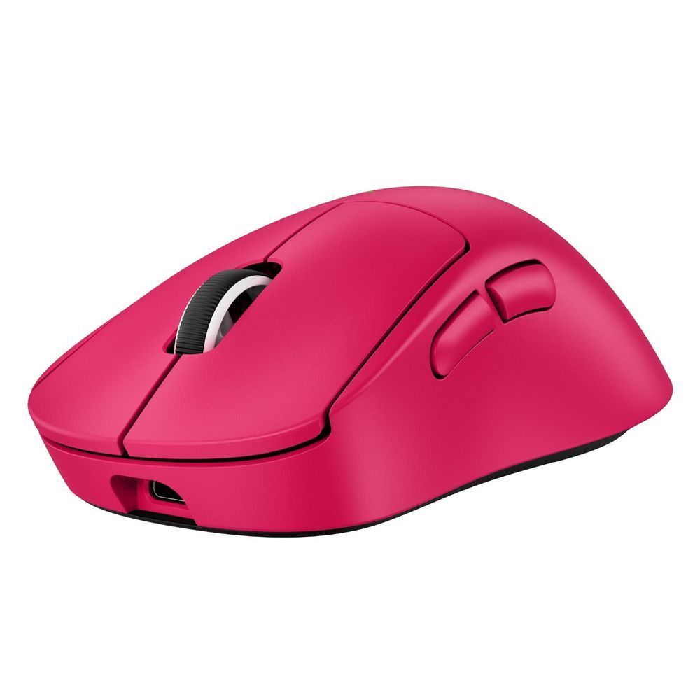 Magenta gaming mouse angled view with side click buttons and textured wheel