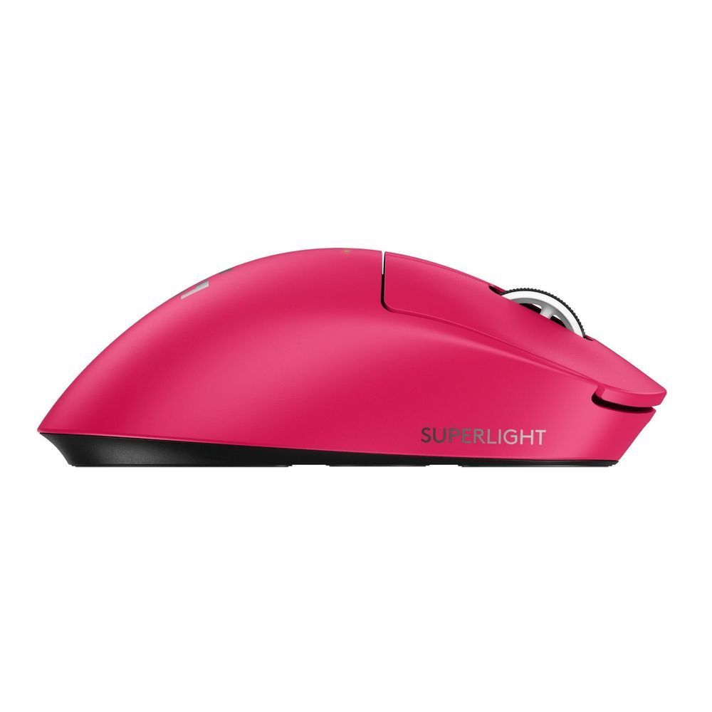 Magenta gaming mouse side profile with low-profile contour and black underside strip