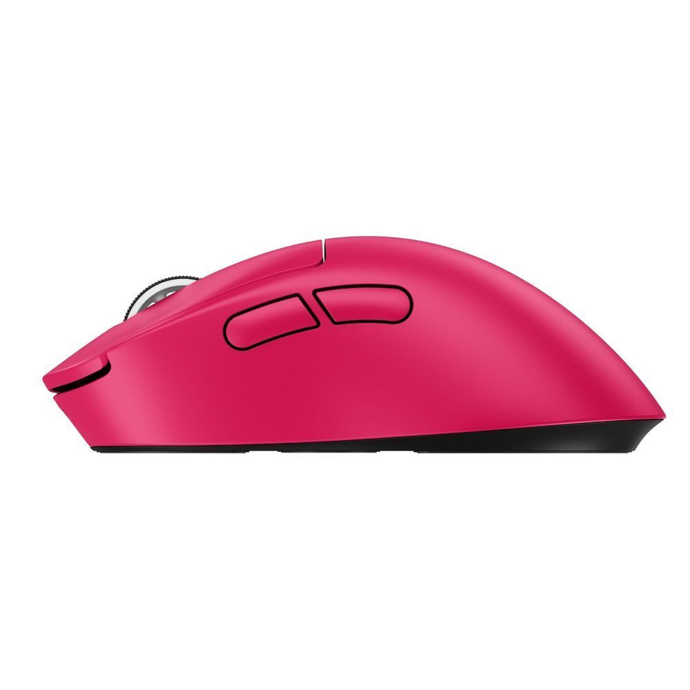 Magenta gaming mouse left-side buttons and smooth curved shell in profile