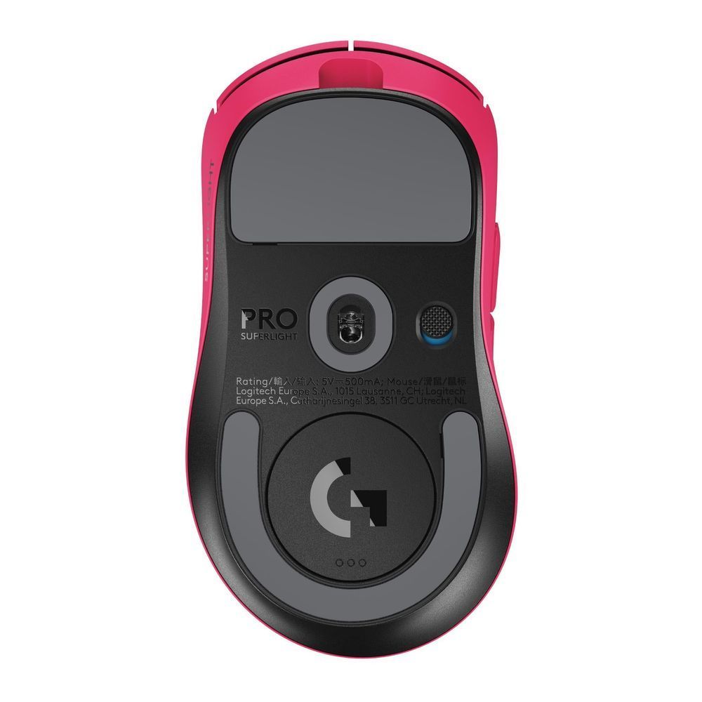 Magenta and black gaming mouse underside with sensor window and feet pads