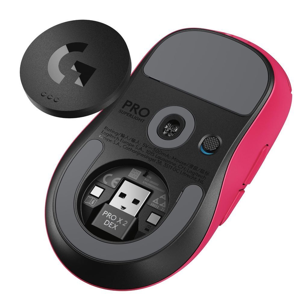 Gaming mouse underside with magenta shell edges, connector area, and feet pads