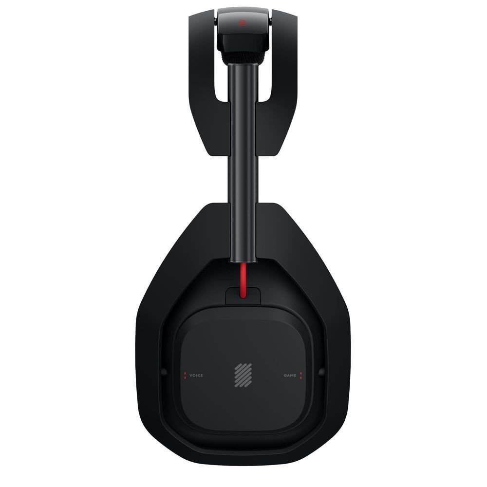 Black wireless headset, vertical view of headband and earcup control panel