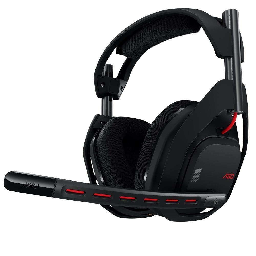 Black over-ear wireless headset with boom microphone, side profile view