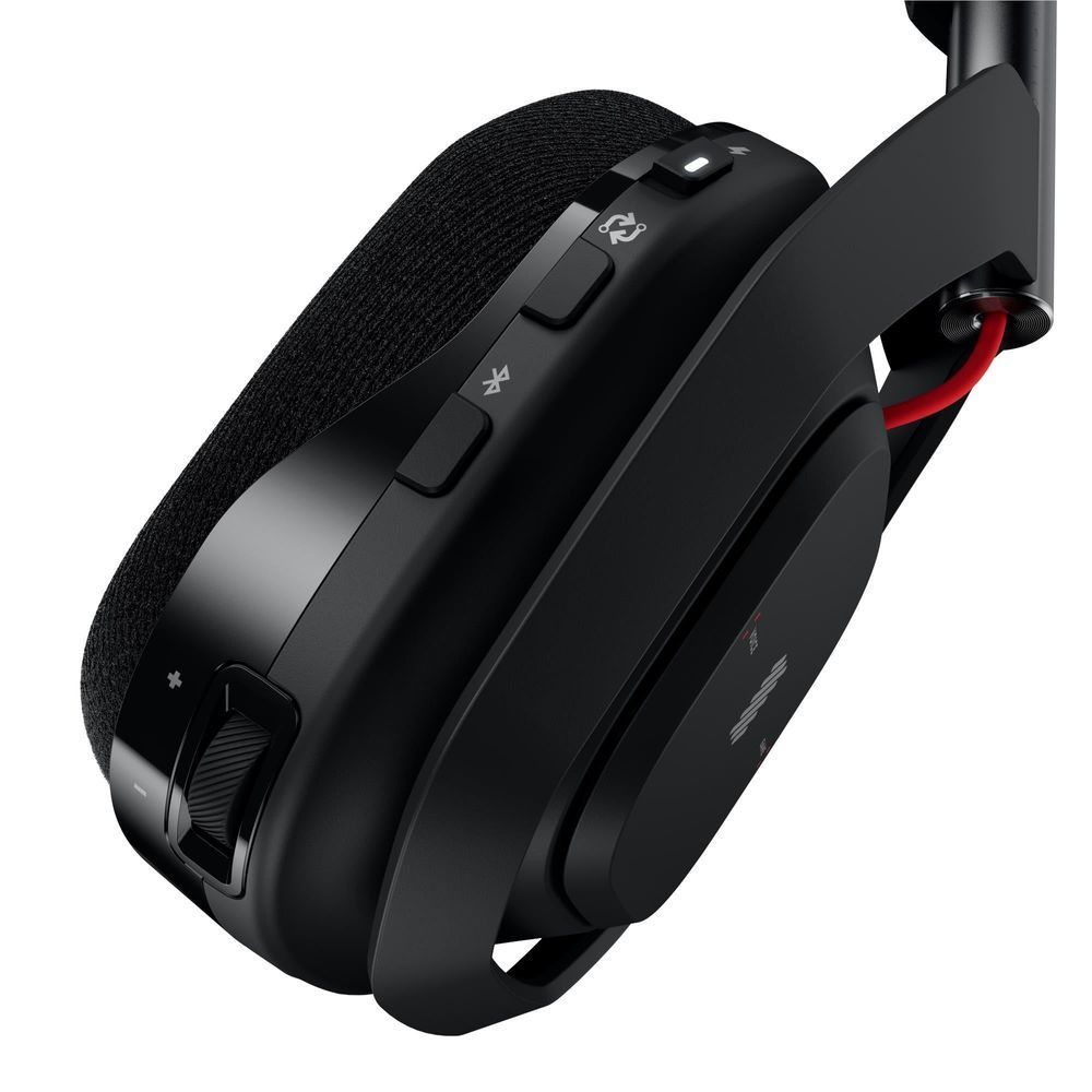Black earcup controls on over-ear wireless headset, textured fabric and buttons