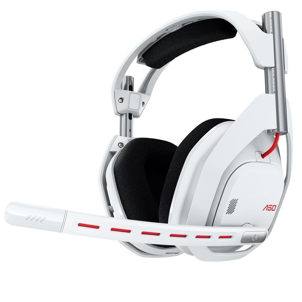 White wireless gaming headset with black ear pads and fold-out mic boom