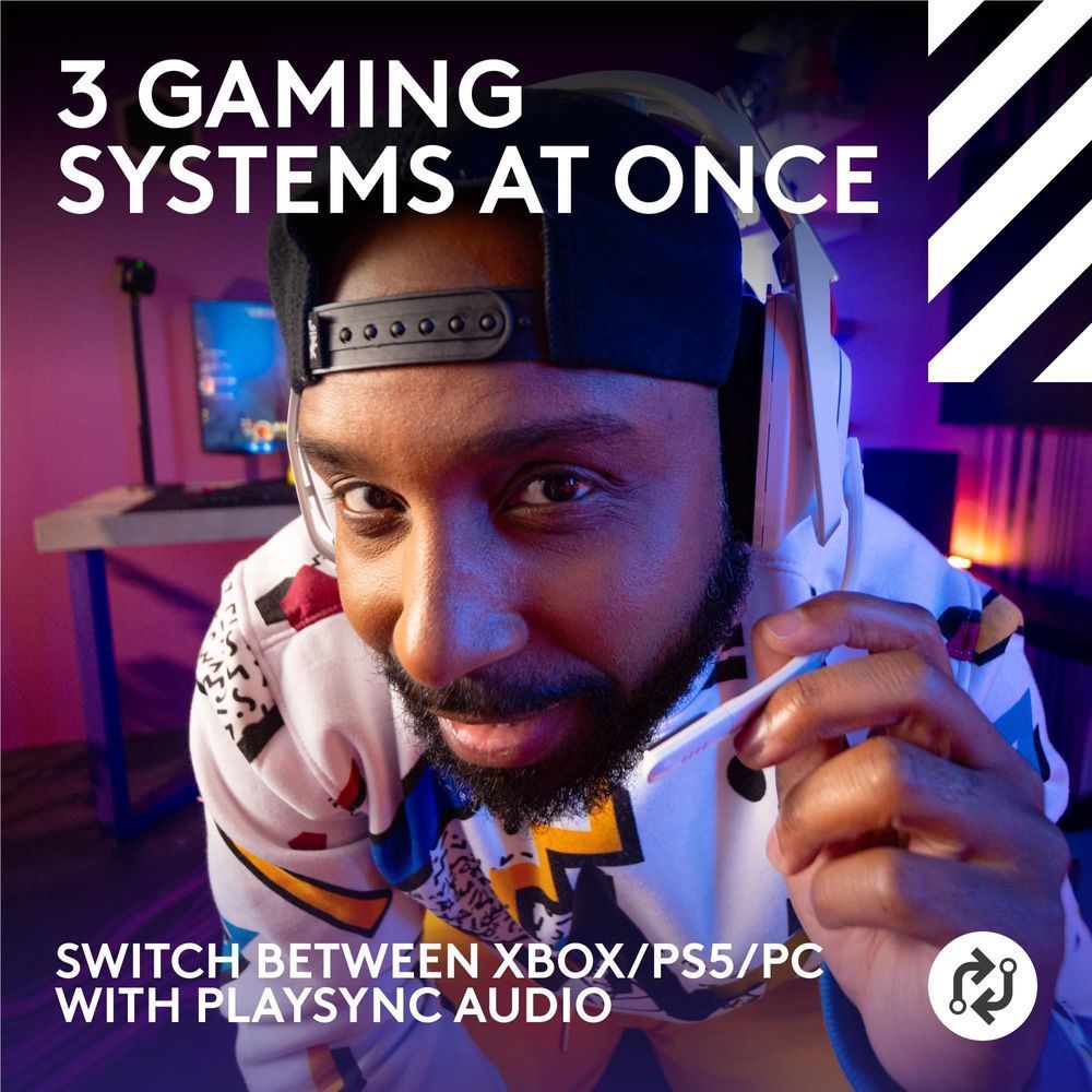 White wireless gaming headset on a person’s head with attached boom microphone