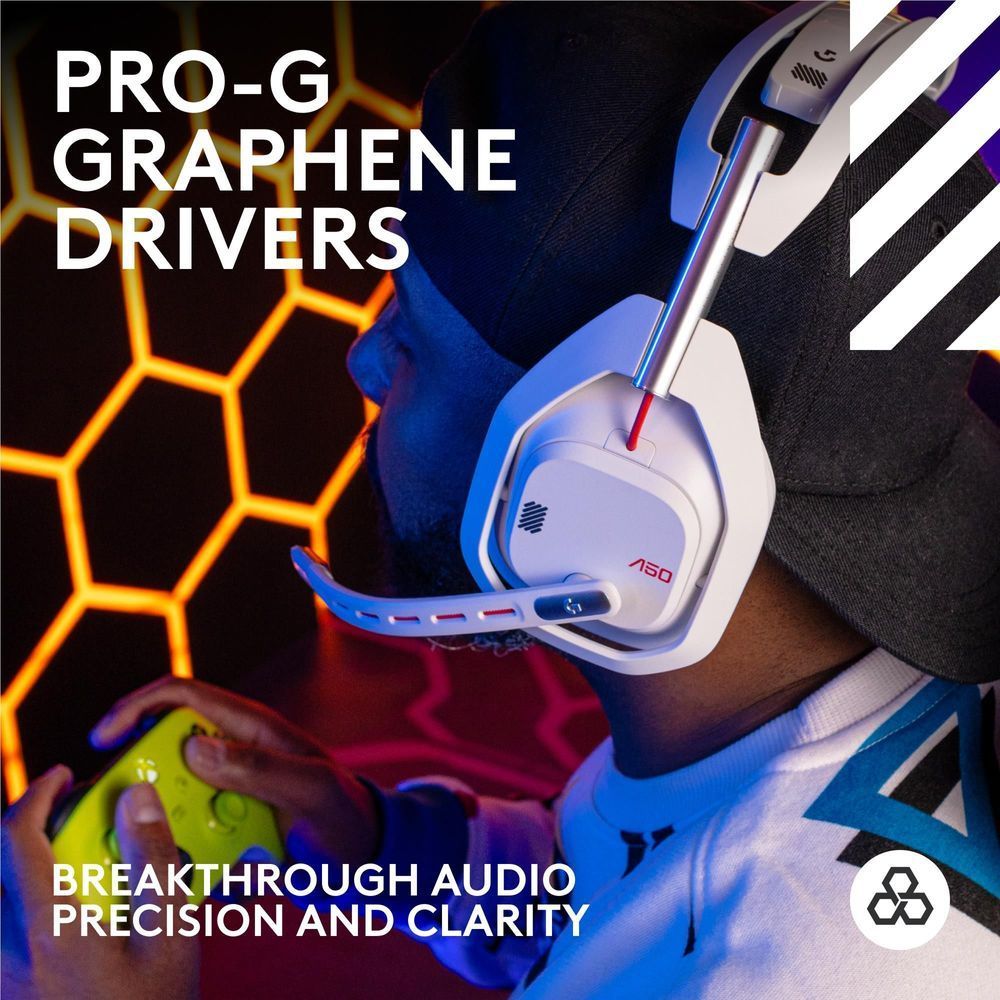 White wireless gaming headset with black ear pads and boom mic on a person