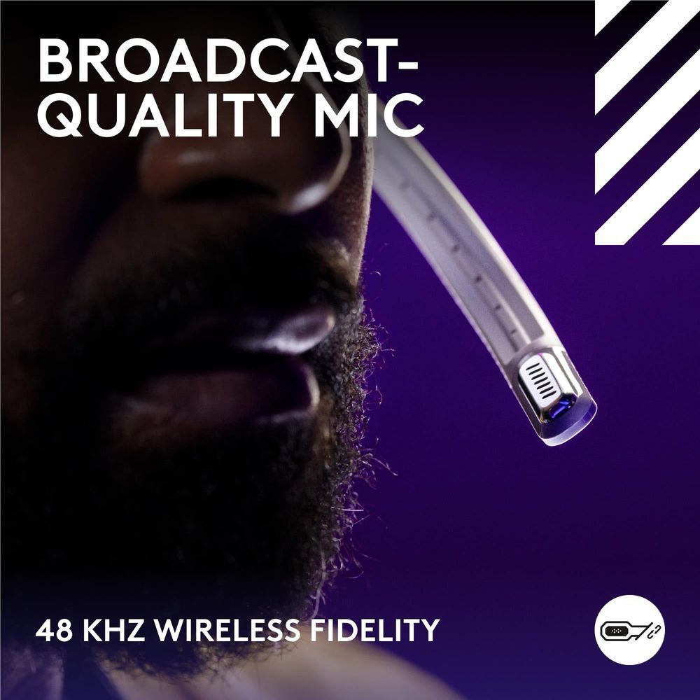 White wireless gaming headset with boom mic near the mouth
