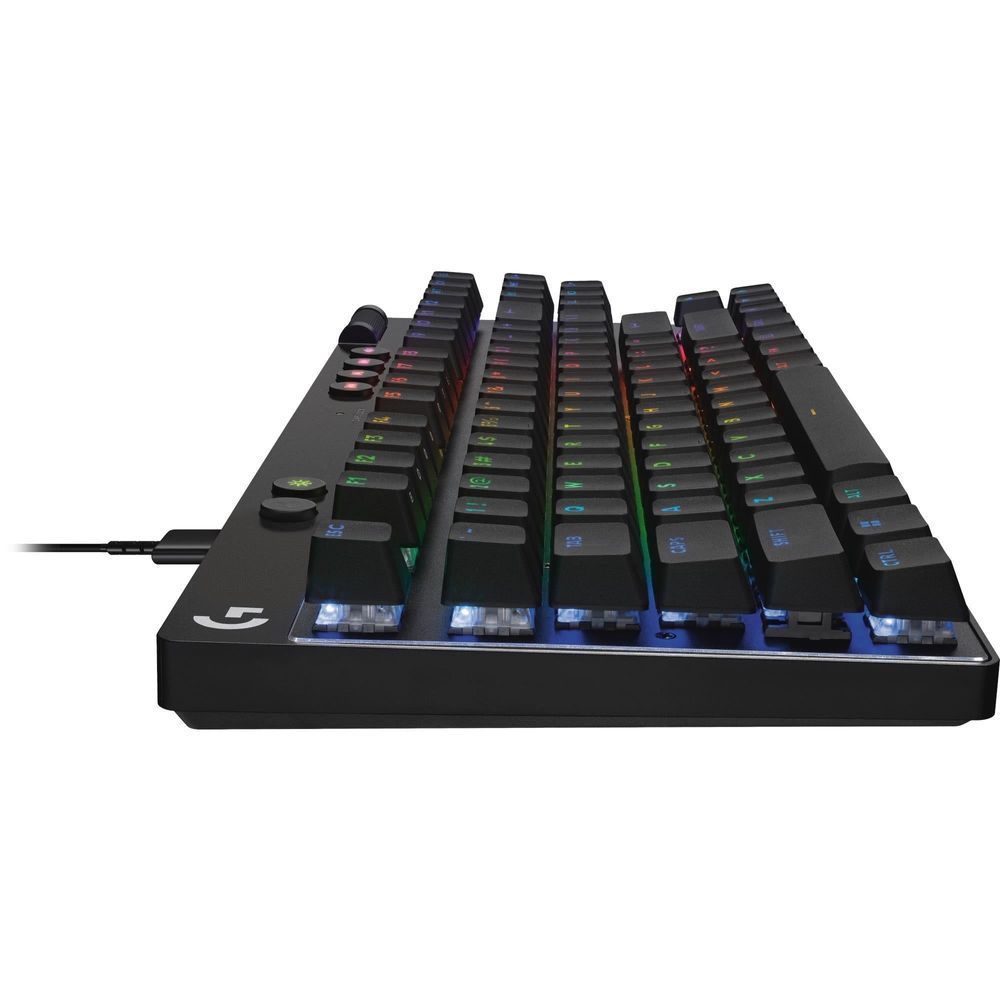 Black mechanical TKL keyboard with RGB backlit keys and front edge profile