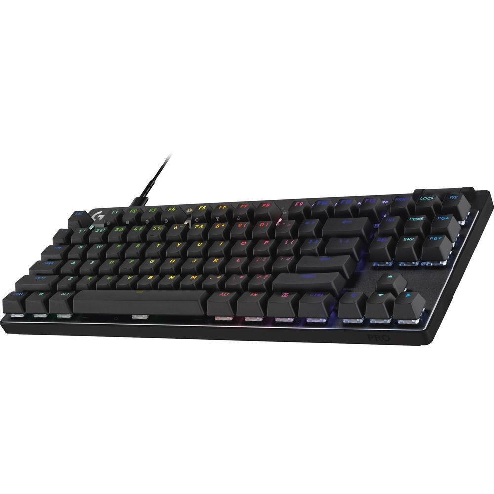 Black TKL gaming keyboard with RGB backlit keycaps, three-quarter angle