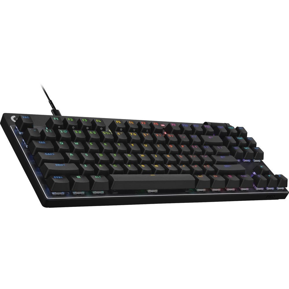 Black TKL gaming keyboard with RGB backlit keys in an angled view