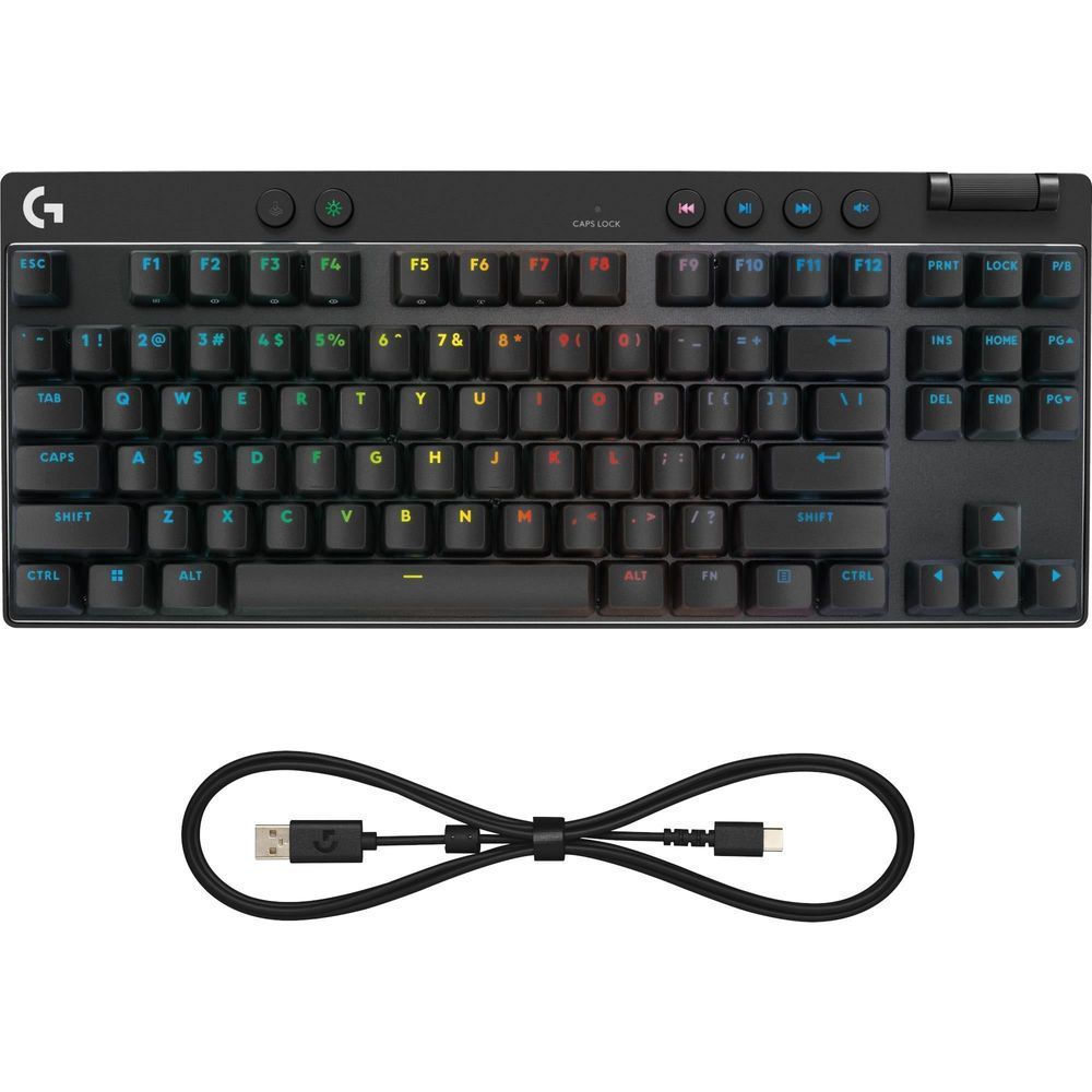 Black TKL gaming keyboard with RGB backlit keys and attached cable