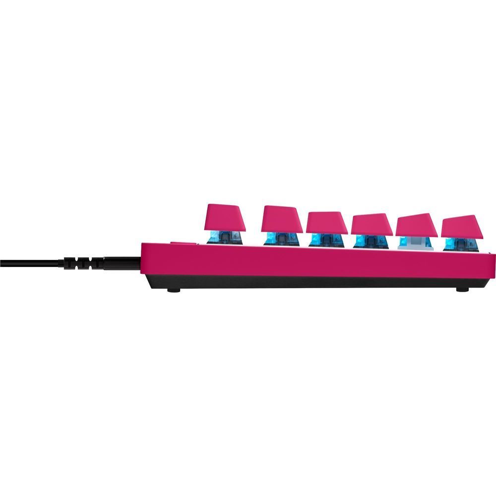 Magenta keyboard side profile with raised keybed and visible switches