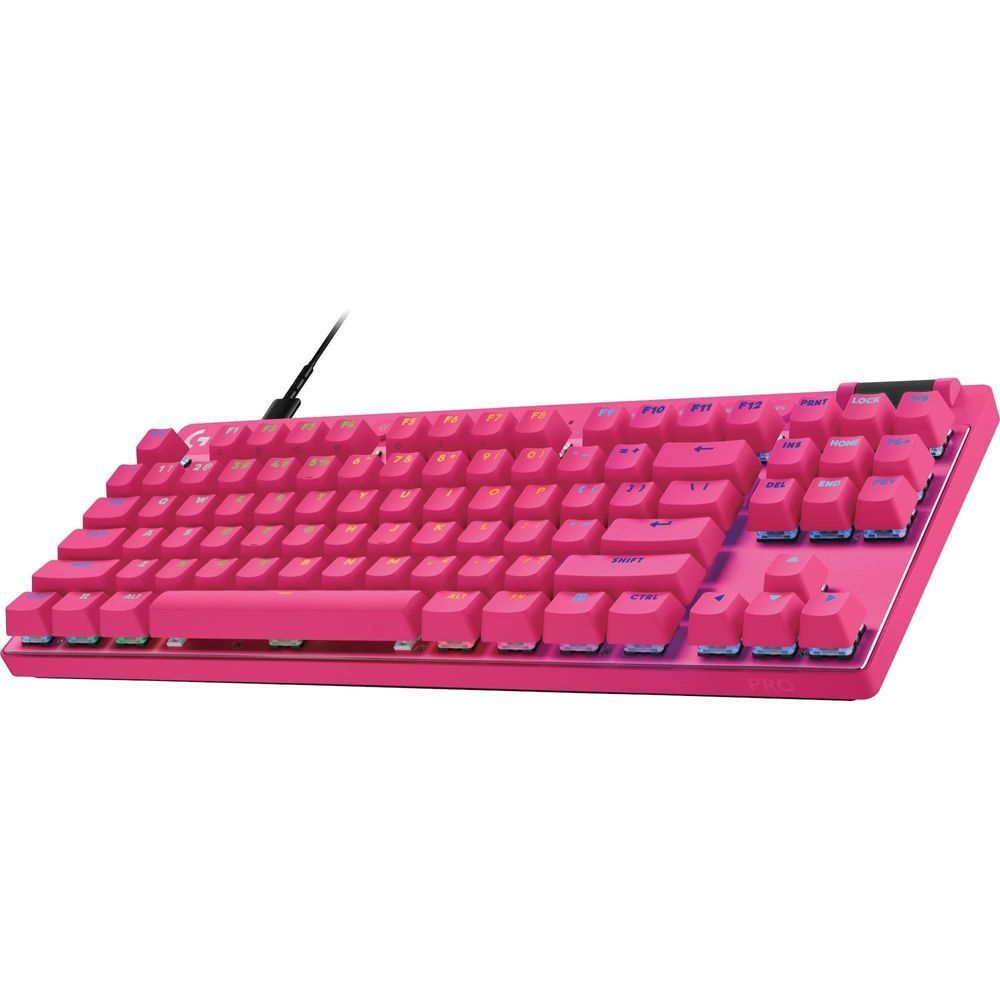 Magenta TKL keyboard three-quarter view with keycaps and attached black cable