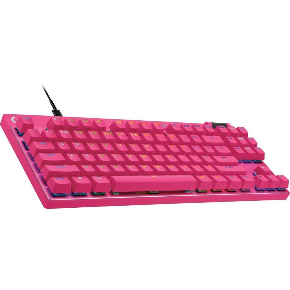 Magenta gaming keyboard angled view with keycaps and back edge