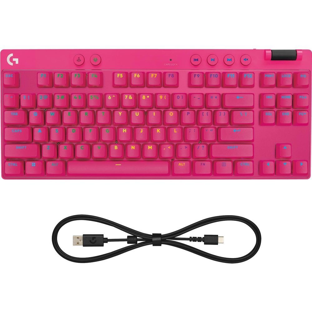 Magenta TKL gaming keyboard with black cable and colorful key legends