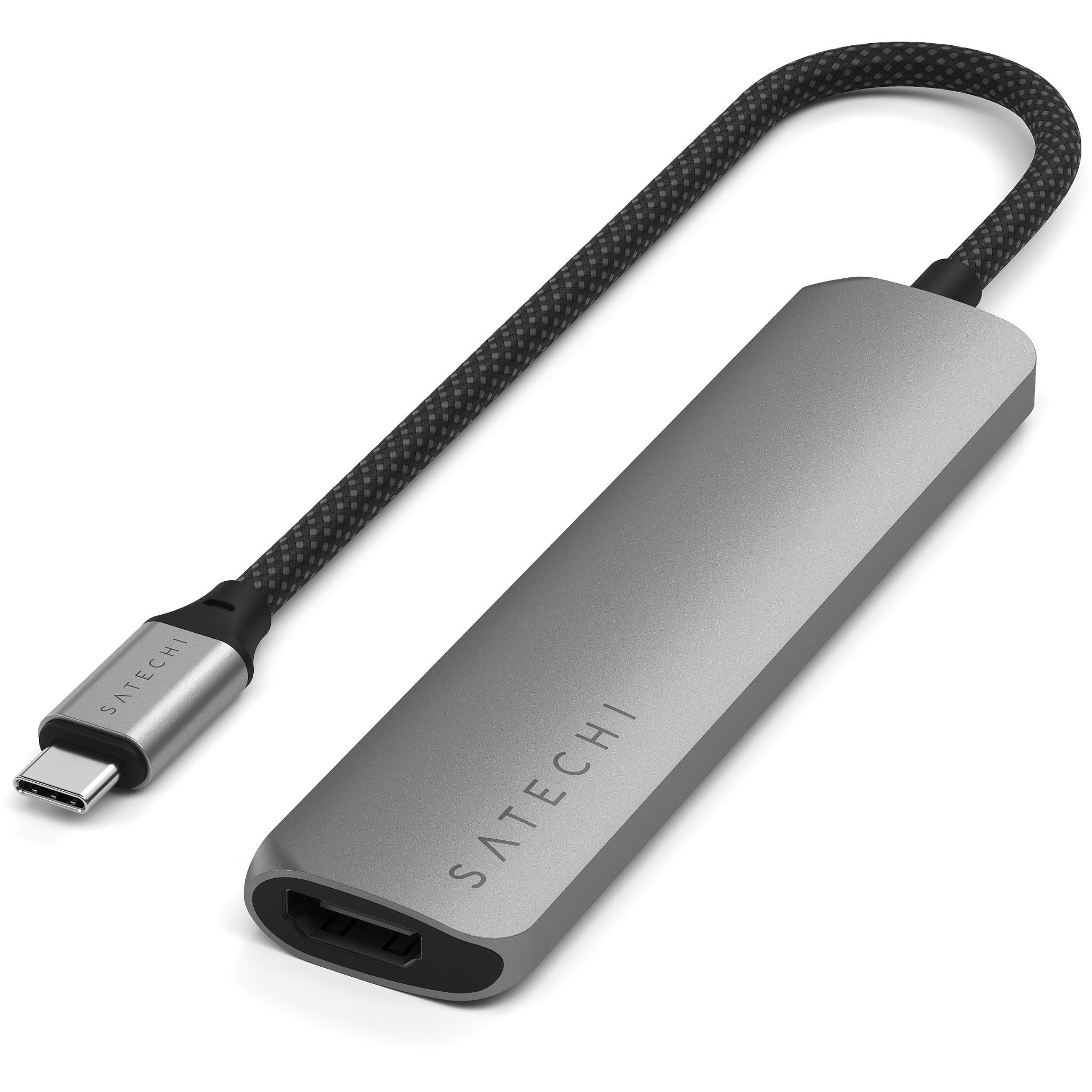 Satechi USB-C multiport hub in space gray with braided cable, showing USB-C end
