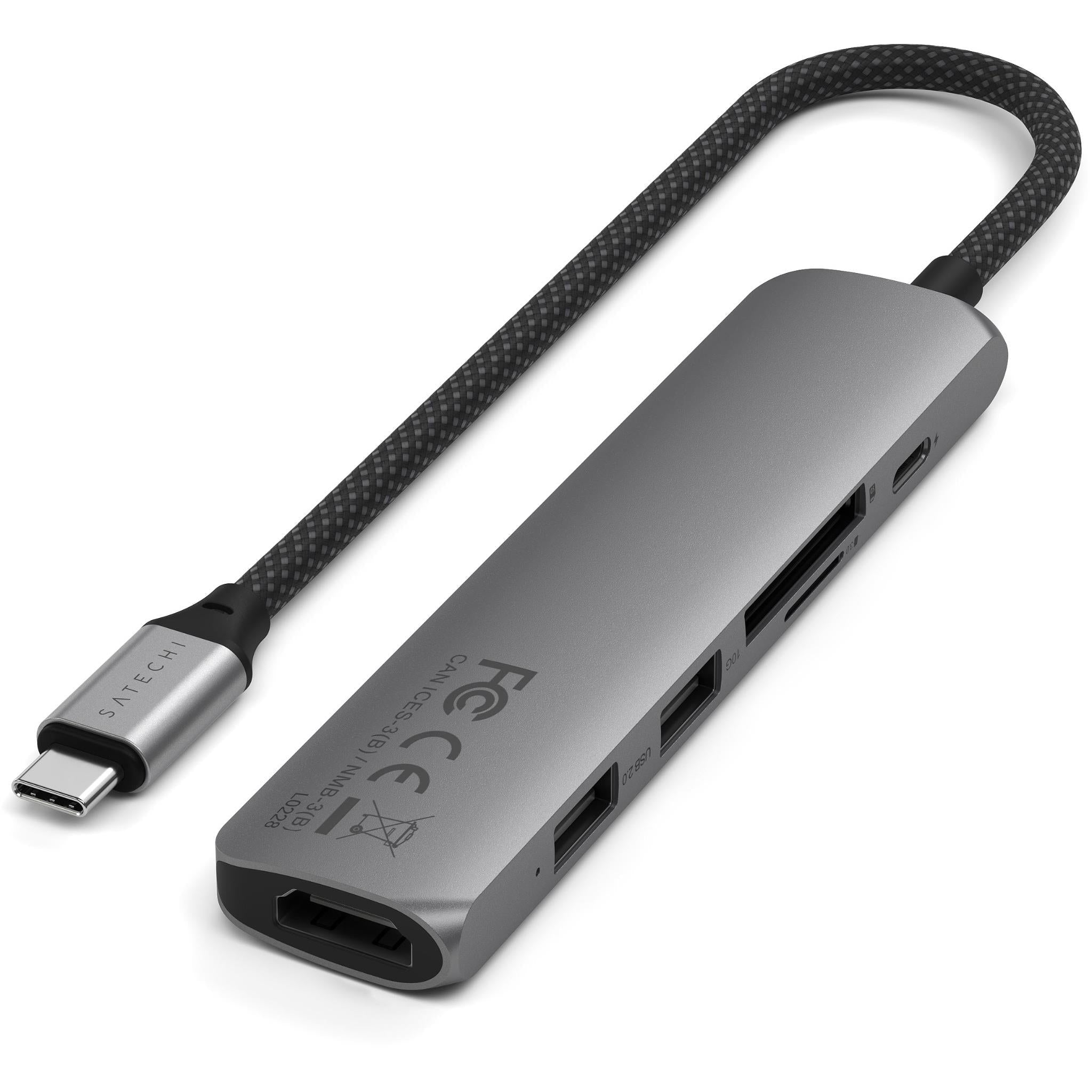 Space gray USB-C multiport hub with braided cable, side ports visible