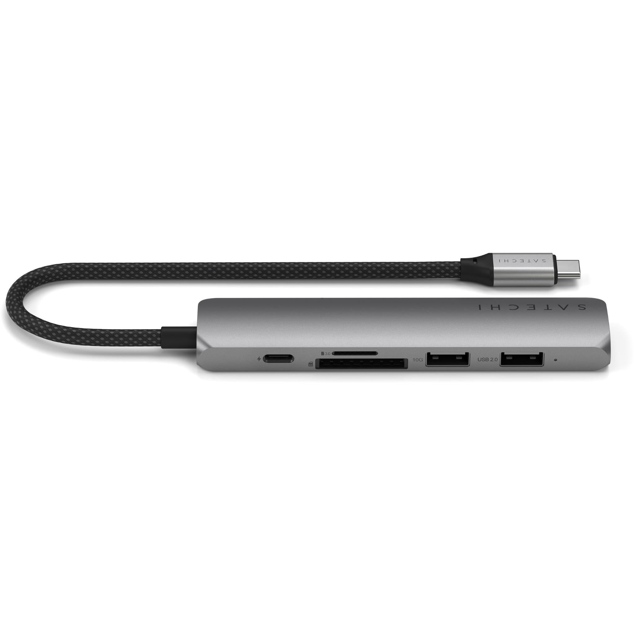 USB-C multiport hub with braided cable, side panel ports and openings