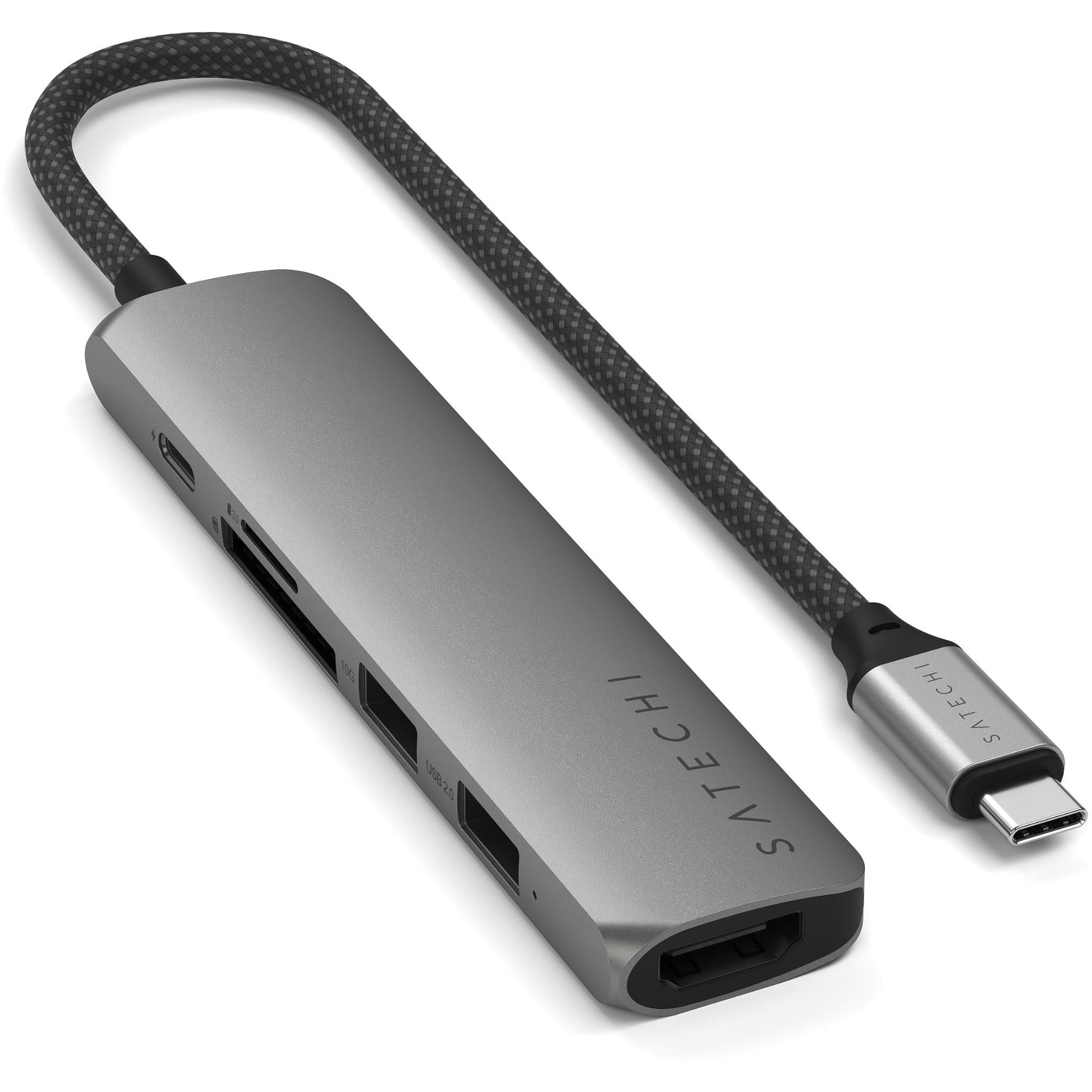 Space gray multiport hub with braided cable, rear HDMI and USB ports visible