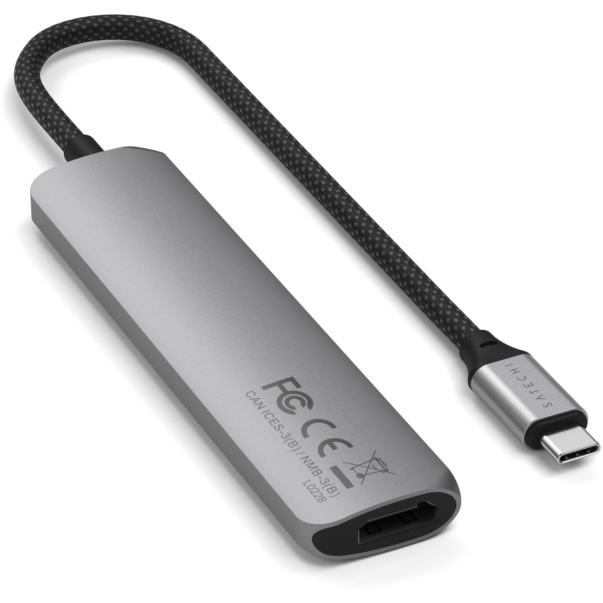 Space gray multiport hub with braided cable, underside labels near front port
