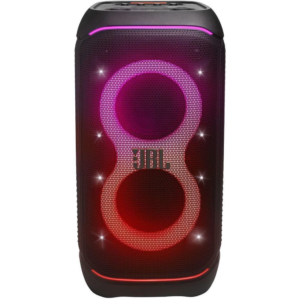 Black JBL portable party speaker with purple and red glowing dual woofer LEDs