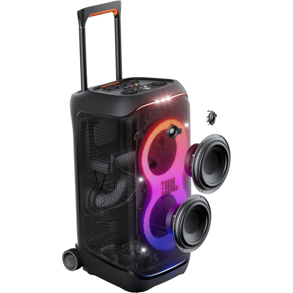 Black JBL portable party speaker showing side drivers with multicolor glowing LEDs