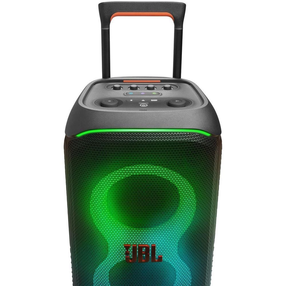 Black JBL portable party speaker top panel with green light bar and controls