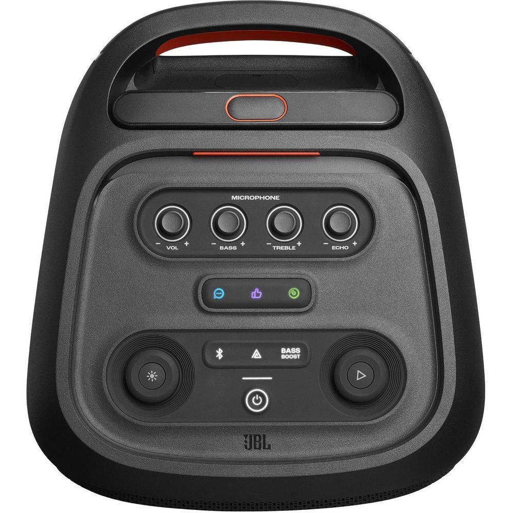 Black JBL portable party speaker control panel with microphone and EQ buttons