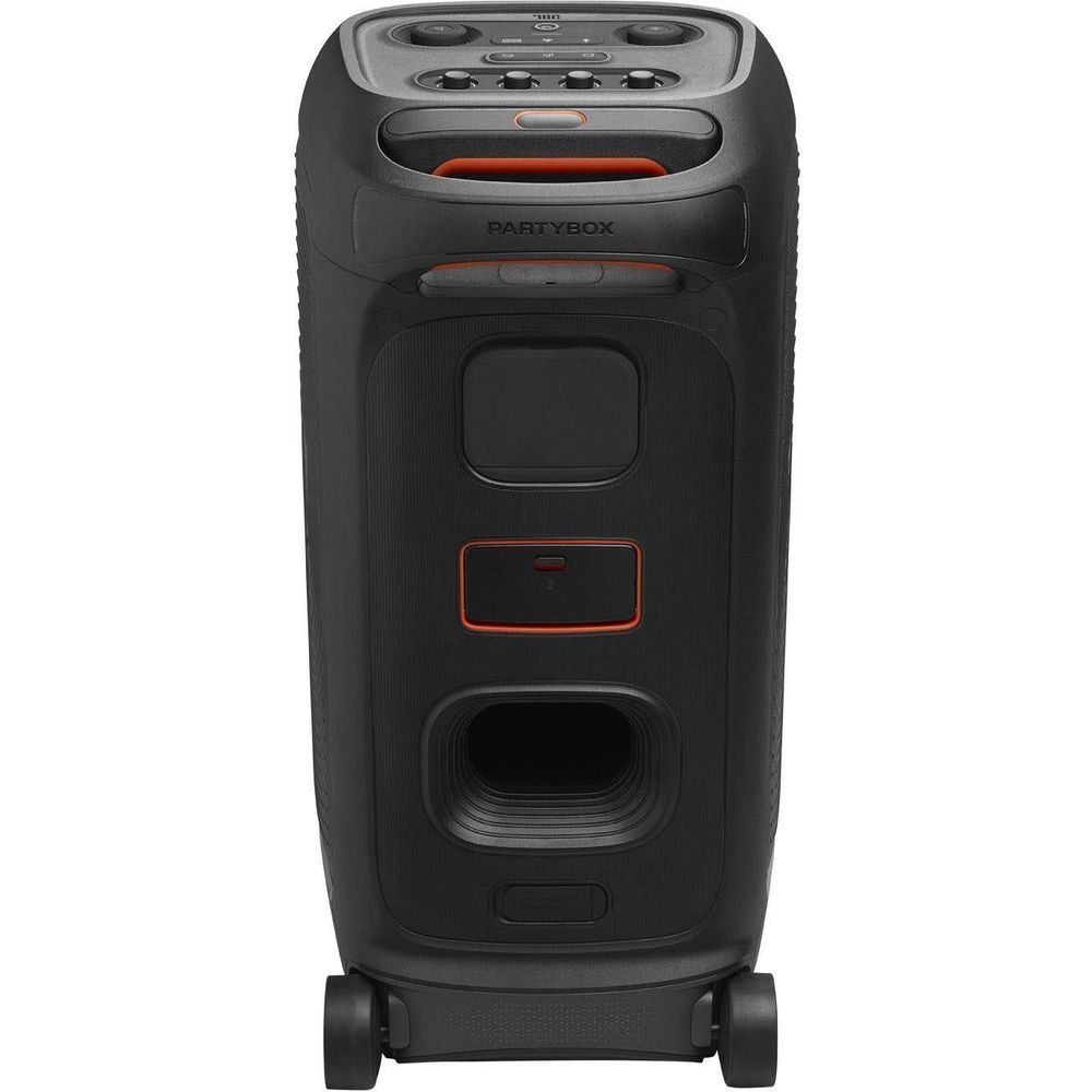 Black JBL portable party speaker rear panel with power and speaker grille