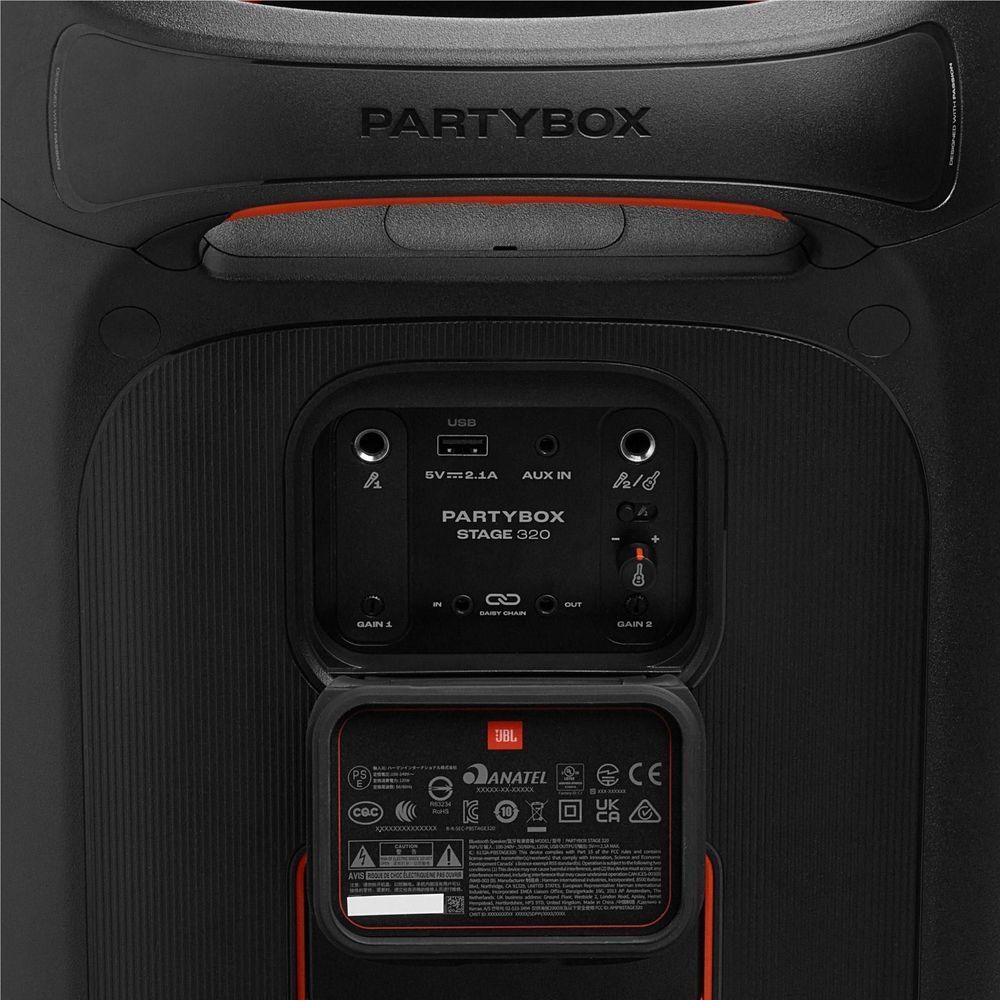 Black JBL party speaker back with port panel and input/output connectors