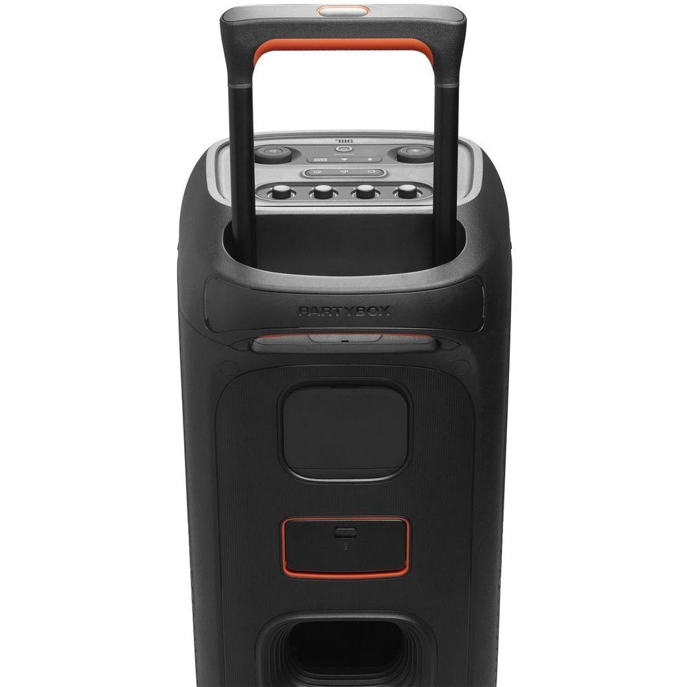 Black JBL portable party speaker with rear handle and glowing top control area